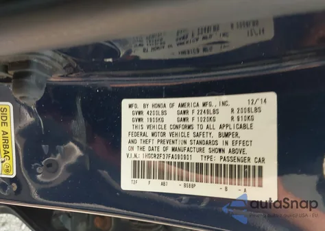 2015 Honda Accord Lx из США, поврежденный, VIN 1HGCR2F37FA090901